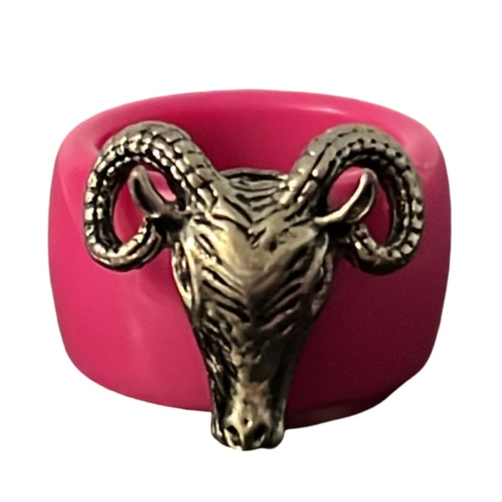 Whimsical Pink Resin & Zodiac Ram Head Chunky Ring